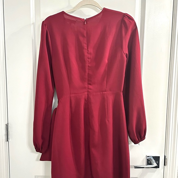 Lulu’s wine red skater dress with front tie wrap and long sleeves mid thigh - Picture 10 of 14